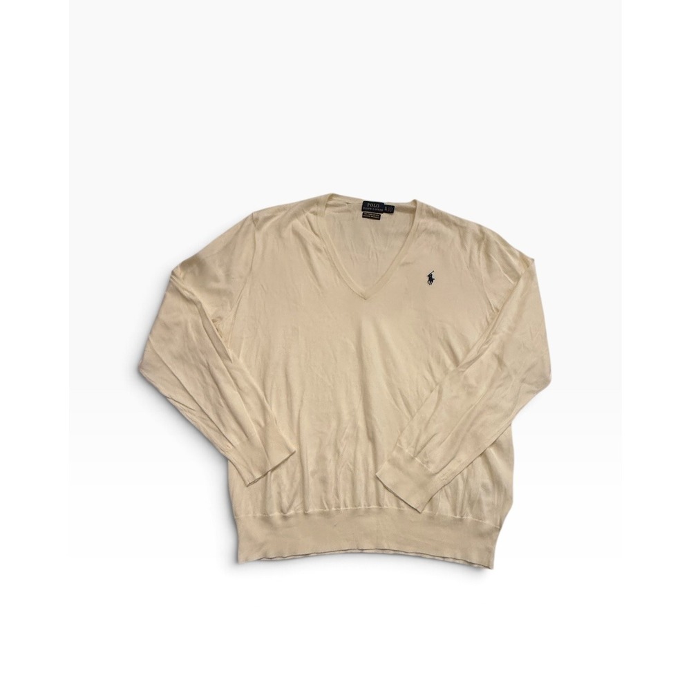 Polo Ralph Lauren Mens Pima Cotton V-Neck Sweater Cream XL Preppy Ivy League